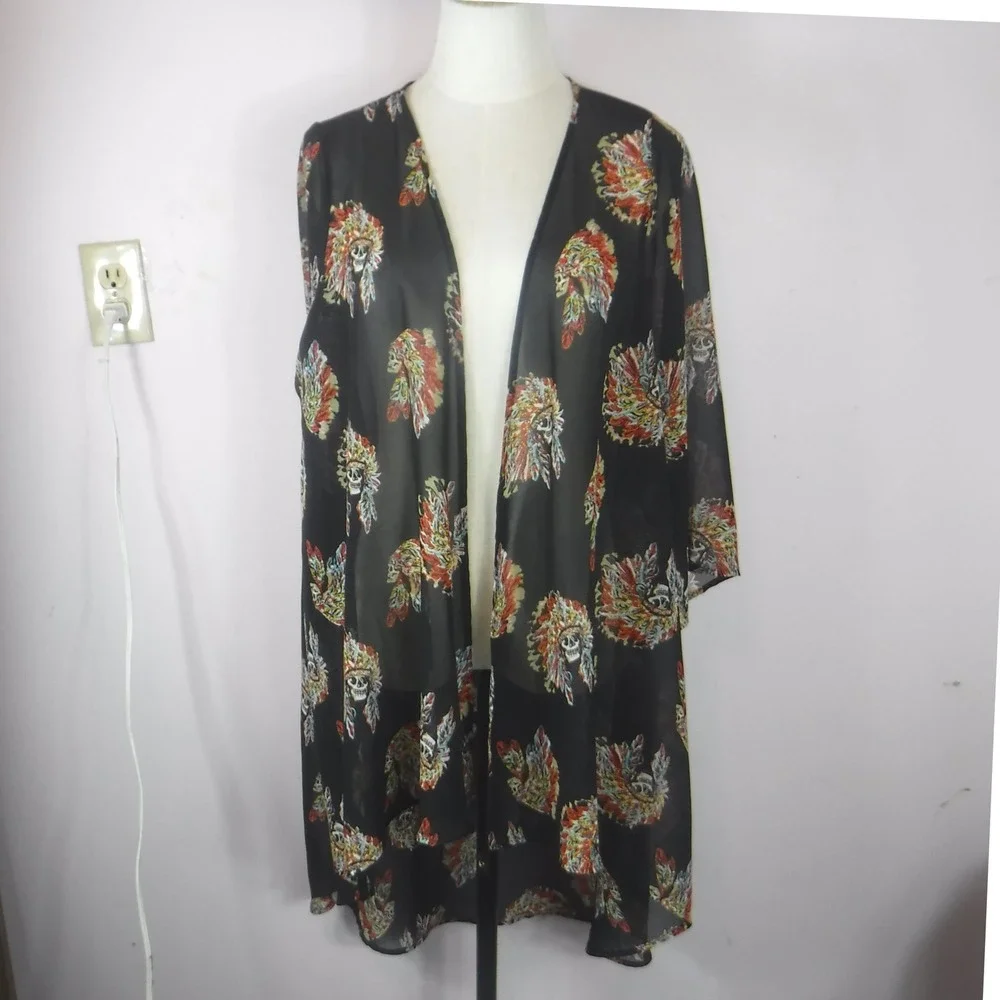Giddy‎ Up Glamour Skull Headdress Kimono Cardigan Black High Low Sheer XL 1410